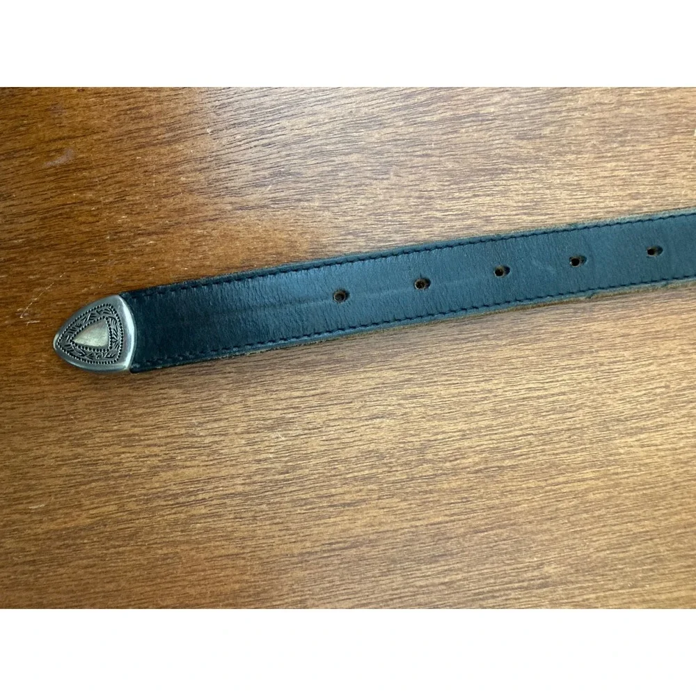 Vintage Black Leather Western Belt Silver Engraved Buckle Tip Made‎ in USA Small